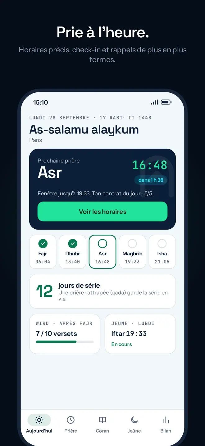Écran Aujourd'hui avec la prochaine prière